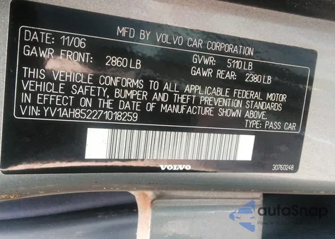 2007 Volvo S80 V8 z USA, uszkodzony, nr VIN YV1AH852271018259